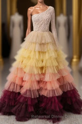 Unique Multi Color Layered One Shoulder Long Sleeves Semi Formal Prom Dress Semi Formal Prom Gown